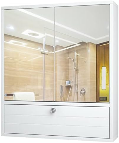 ארון אמבטיה ZLXDP עם דלתות מראה כפולות אחסון קיר רכוב מדפי עץ ריהוט אמבטיה לבן