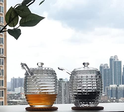 סיר דבש מזכוכית אייבור, מצויד במקל דבש מזכוכית, מתקן מחזיק זכוכית לסיר דבש, למטבחים ביתיים