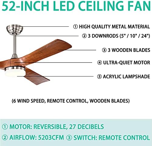 מאוורר תקרה בגודל 52 אינץ 'עם נורות LED ושלט רחוק, מאוורר תקרה נברשת מודרנית עם 3 להבי עץ אגוזים, 3 Downrods, מנוע DC