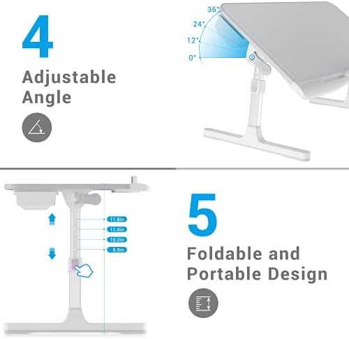 שולחן מגש מיטת מחשב נייד, שולחן מיטת מחשב נייד מתכוונן עור PVC שולחן מיטה, שולחן מחברת מתקפל שולחן עם מגירת אחסון לספת