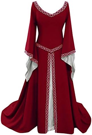 שמלות מזדמנות לבושות לנשים שרוול ארוך צווארון v שמלת ימי הביניים באורך רצפה באורך גדול